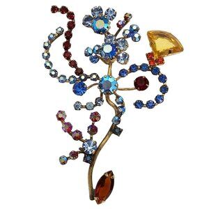 Austria Blue Red Rhinestone Brooch Wired Pin